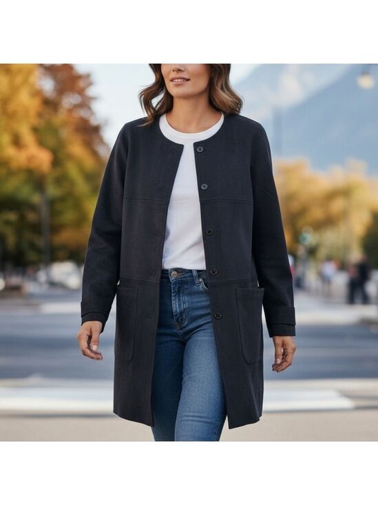 Bylyse Jackets & Blazers - Bylyse Longline Faux Suede Jacket Navy Button Front Pockets Small